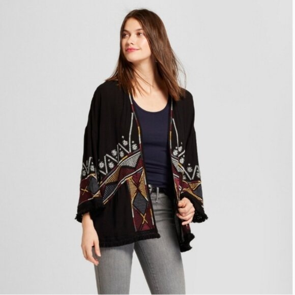 Knox Rose Embroidered Fringe Kimono Jacket Size L Boho Hippie Festival - Picture 1 of 8